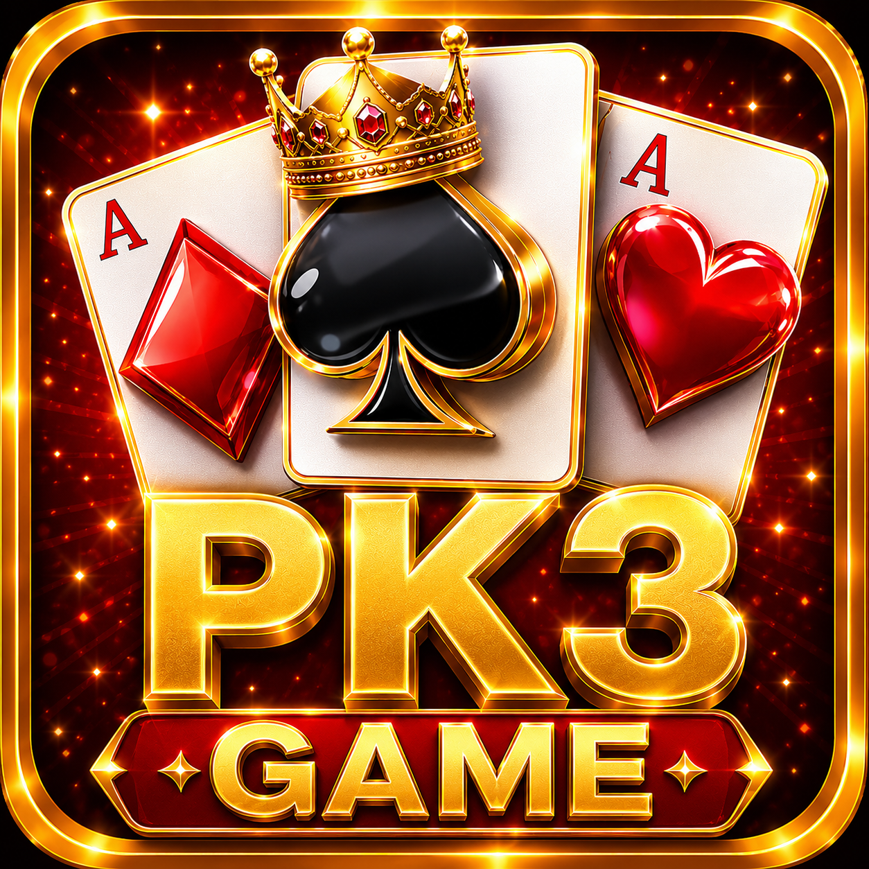 PK3 Game APK logo with poker cards, royal crown symbol, luxury gold text, and attractive online gaming icon